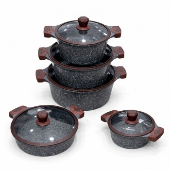  طقم قدور طبخ فاخر بتصميم أنيق يجمع بين الجمال والعملية، مصنوع من مواد عالية الجودة بلمسة حجرية مميزة تمنح توزيعًا متوازنًا للحرارة 10قطع 