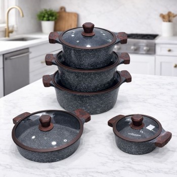  طقم قدور طبخ فاخر بتصميم أنيق يجمع بين الجمال والعملية، مصنوع من مواد عالية الجودة بلمسة حجرية مميزة تمنح توزيعًا متوازنًا للحرارة 10قطع 