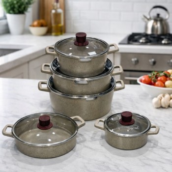  طقم قدور طبخ فاخر بتصميم أنيق يجمع بين الجمال والعملية، مصنوع من مواد عالية الجودة بلمسة حجرية مميزة تمنح توزيعًا متوازنًا للحرارة 10قطع 