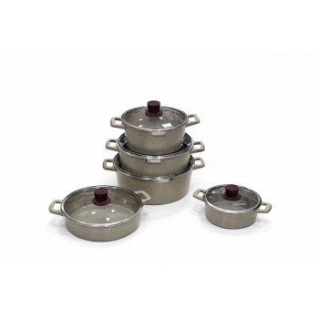  طقم قدور طبخ فاخر بتصميم أنيق يجمع بين الجمال والعملية، مصنوع من مواد عالية الجودة بلمسة حجرية مميزة تمنح توزيعًا متوازنًا للحرارة 10قطع 