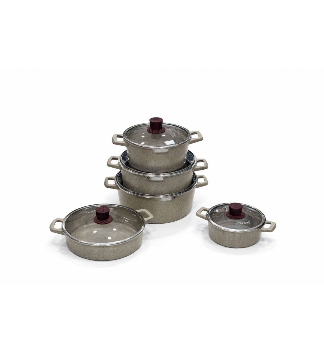  طقم قدور طبخ فاخر بتصميم أنيق يجمع بين الجمال والعملية، مصنوع من مواد عالية الجودة بلمسة حجرية مميزة تمنح توزيعًا متوازنًا للحرارة 10قطع 