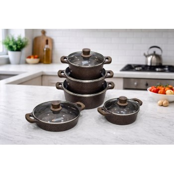  طقم قدور طبخ فاخر بتصميم أنيق يجمع بين الجمال والعملية، مصنوع من مواد عالية الجودة بلمسة حجرية مميزة تمنح توزيعًا متوازنًا للحرارة 10قطع 