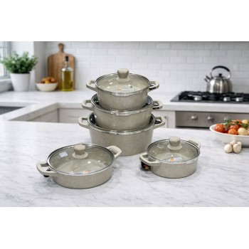  طقم قدور طبخ فاخر بتصميم أنيق يجمع بين الجمال والعملية، مصنوع من مواد عالية الجودة بلمسة حجرية مميزة تمنح توزيعًا متوازنًا للحرارة 10قطع 