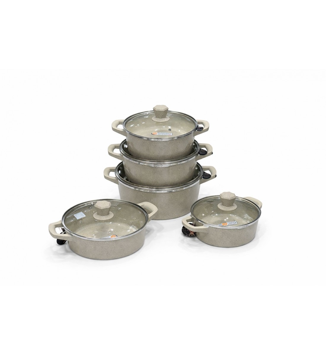  طقم قدور طبخ فاخر بتصميم أنيق يجمع بين الجمال والعملية، مصنوع من مواد عالية الجودة بلمسة حجرية مميزة تمنح توزيعًا متوازنًا للحرارة 10قطع 