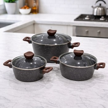 طقم قدور طبخ فاخر بتصميم أنيق يجمع بين الجمال والعملية، مصنوع من مواد عالية الجودة بلمسة حجرية مميزة تمنح توزيعًا متوازنًا للحرارة6قطع 