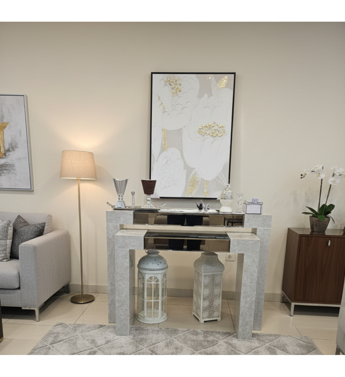طقم طاولات  مدخل او كونسول  بديل الرخام  سطح وسط مرايا 2 حبة 