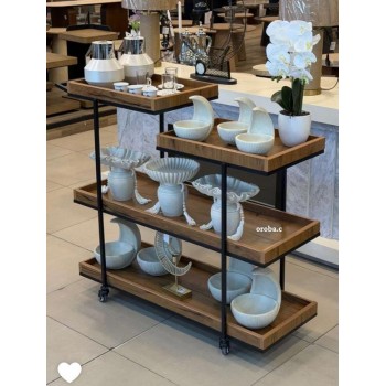 عربية تقديم خشب  باطراف حديد اسود3 دور بكفرات سهلة الحركة 100×40×94سم 