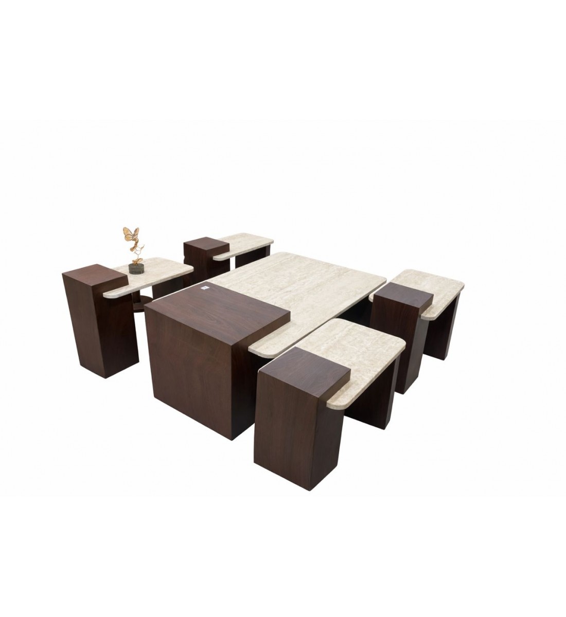 طقم طاولات قهوة عصري بتصميم فاخر، يتكوّن من طاولة وسط مع أربع طاولات جانبية 5قطع 