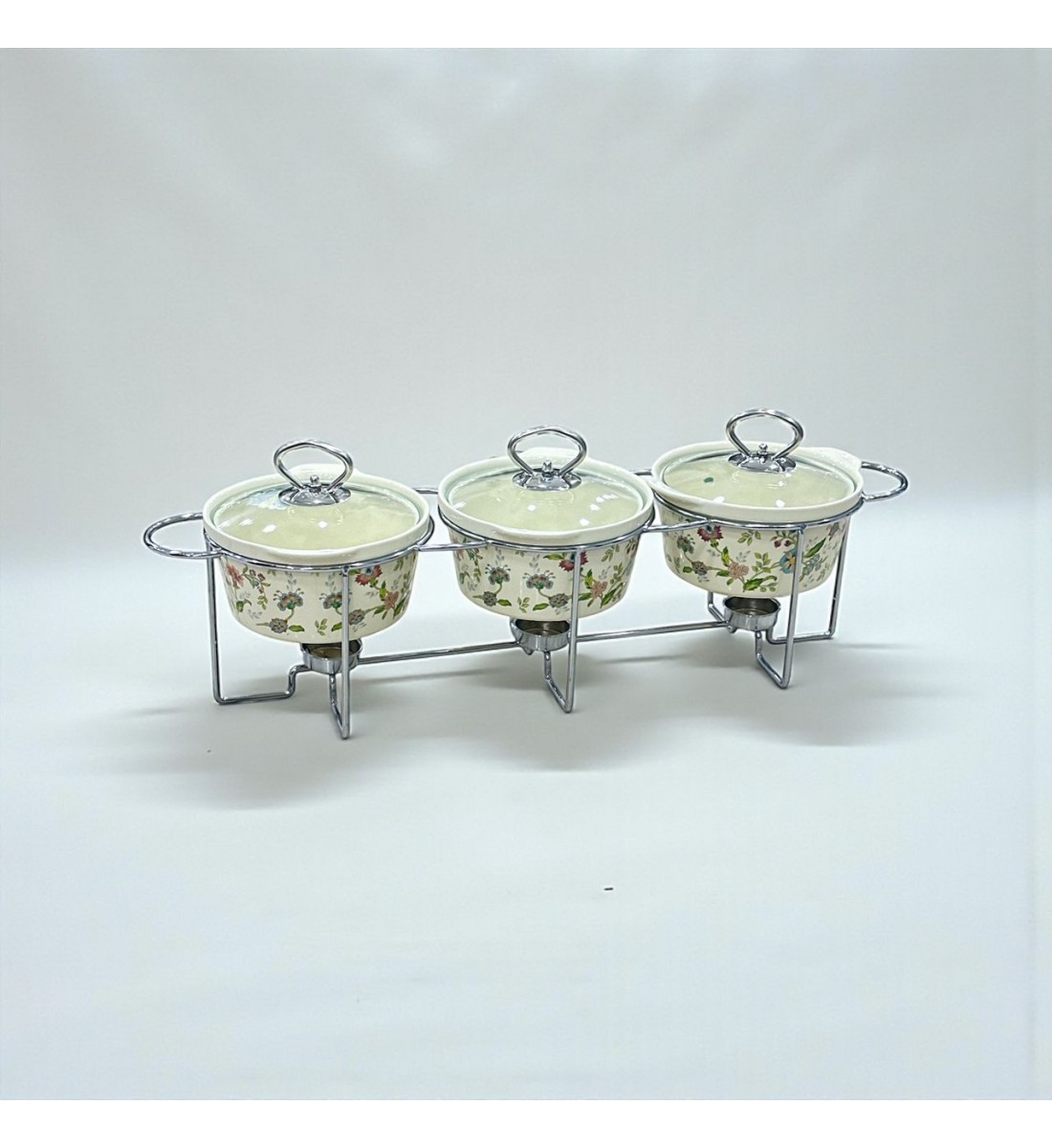 سخان بوفية صحن تقديم سيراميك لتسخين الطعام مزود بغطاء بتصميم فريد ثلاثي 