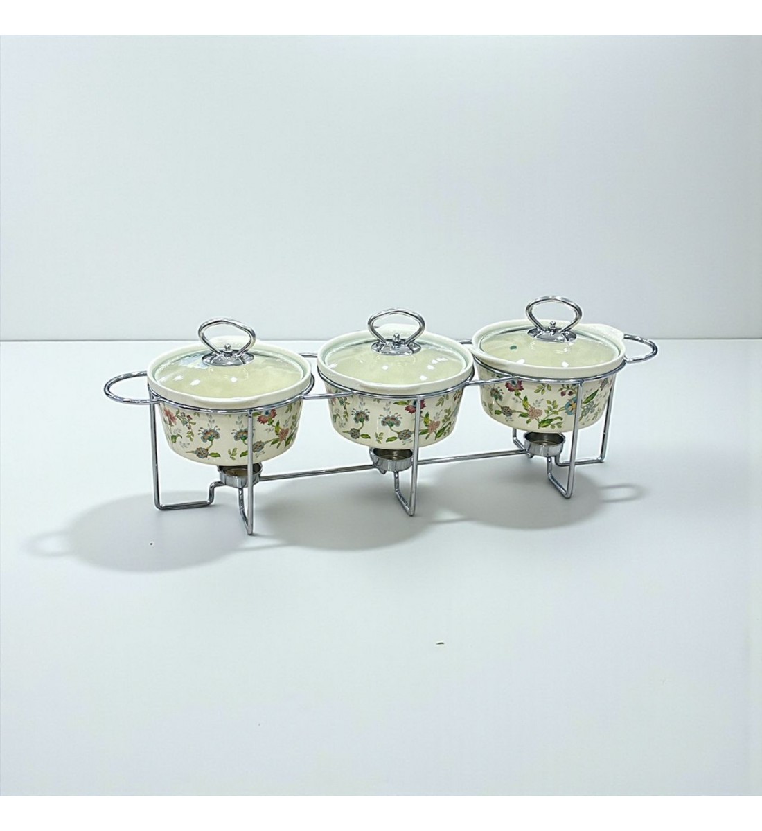 سخان بوفية صحن تقديم سيراميك لتسخين الطعام مزود بغطاء بتصميم فريد ثلاثي 