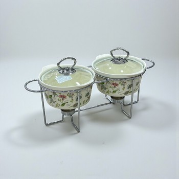 سخان بوفية صحن تقديم سيراميك لتسخين الطعام مزود بغطاء بتصميم فريد ثنائي  