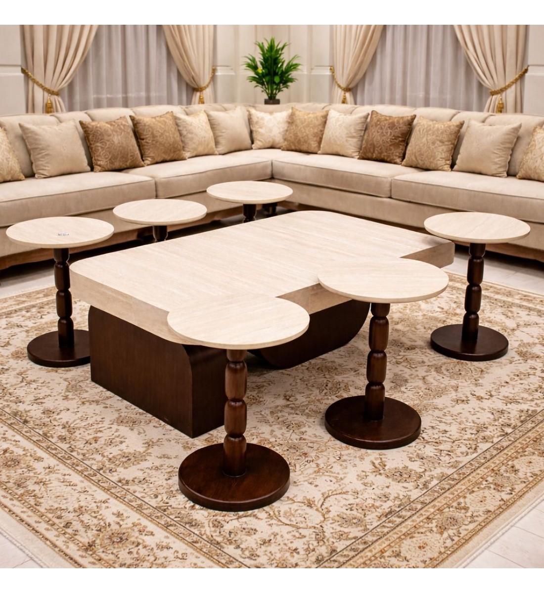 طقم طاوله بديل الرخام خشب بني 7قطع