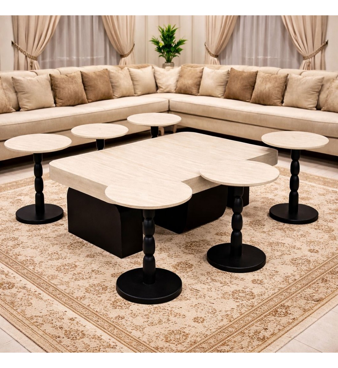 طقم طاوله بديل الرخام قاعده خشب اسود 7قطع