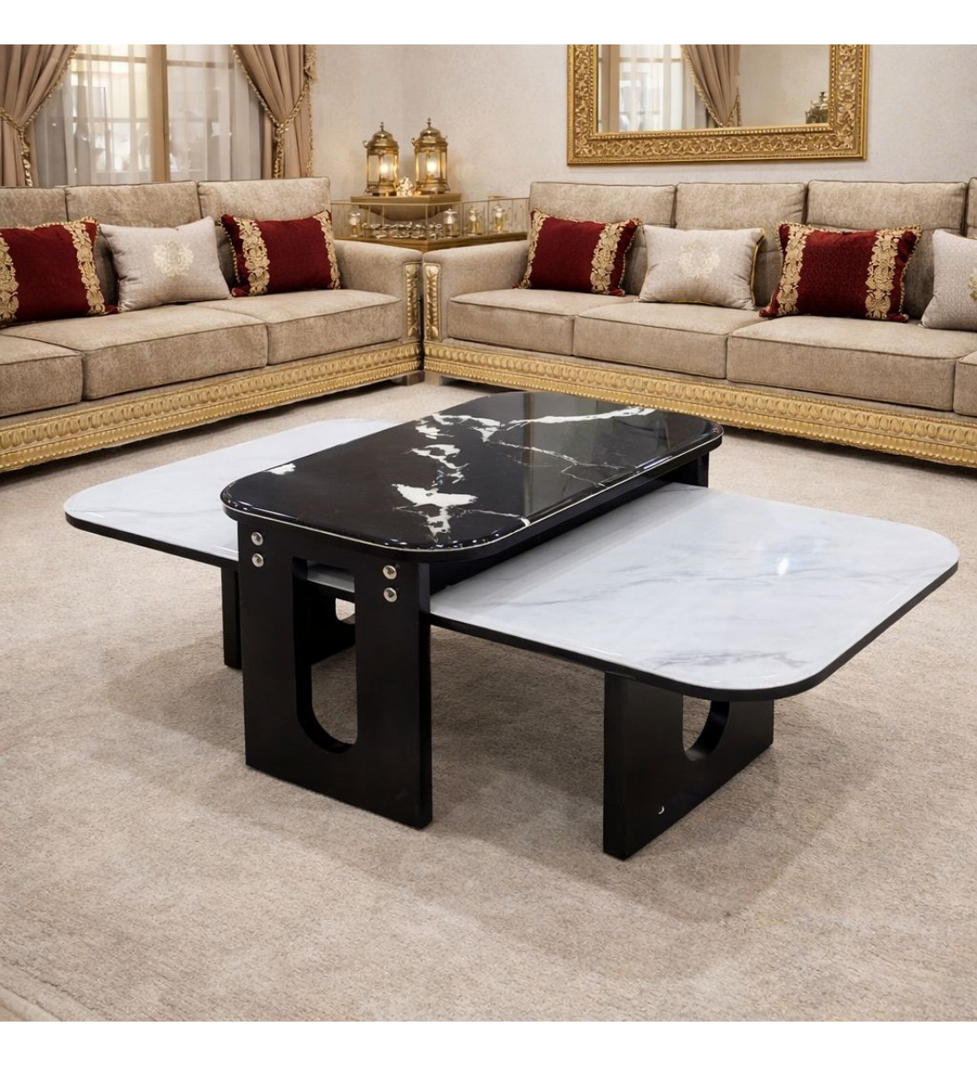 طقم طاولات وسطية للكنب 1+1 رخام مستطيل أسود وأبيض – فاليا بتصميم مودرن لغرف المعيشة