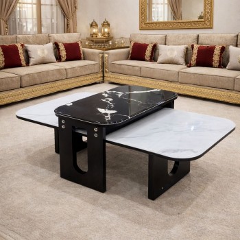 طقم طاولات وسطية للكنب 1+1 رخام مستطيل أسود وأبيض – فاليا بتصميم مودرن لغرف المعيشة