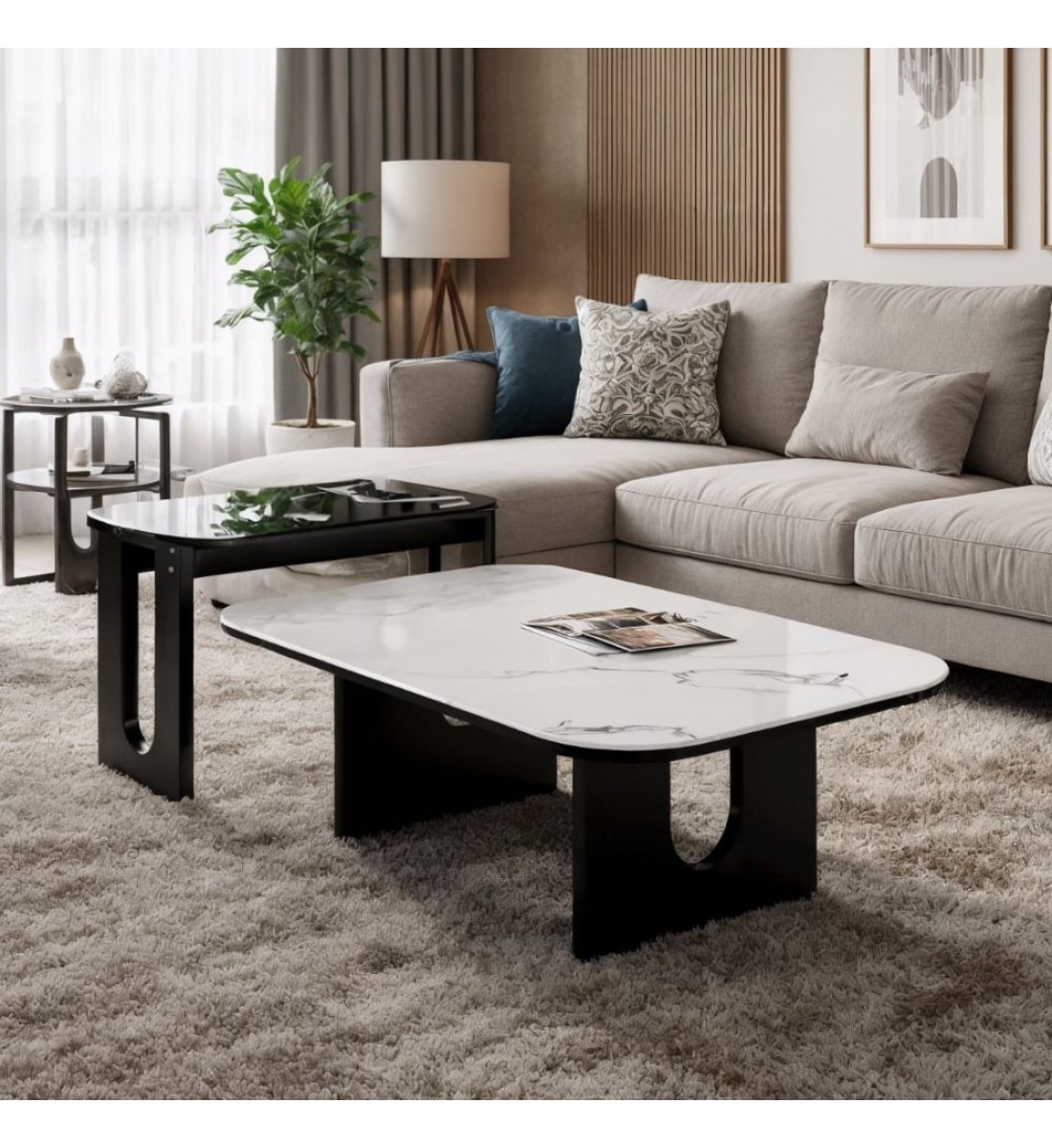 طقم طاولات وسطية للكنب 1+1 رخام مستطيل أسود وأبيض – فاليا بتصميم مودرن لغرف المعيشة