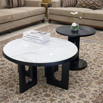 طقم طاولات وسط رخام +خشب  دائري عصري قطعتين