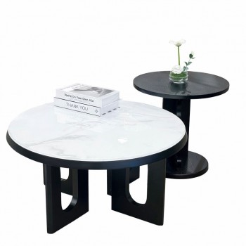 طقم طاولات وسط رخام +خشب  دائري عصري قطعتين