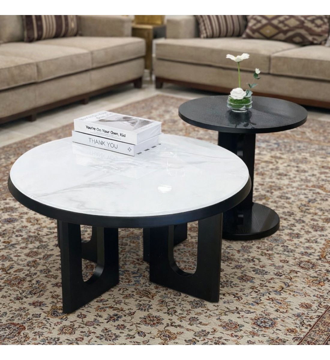 طقم طاولات وسط رخام +خشب  دائري عصري قطعتين