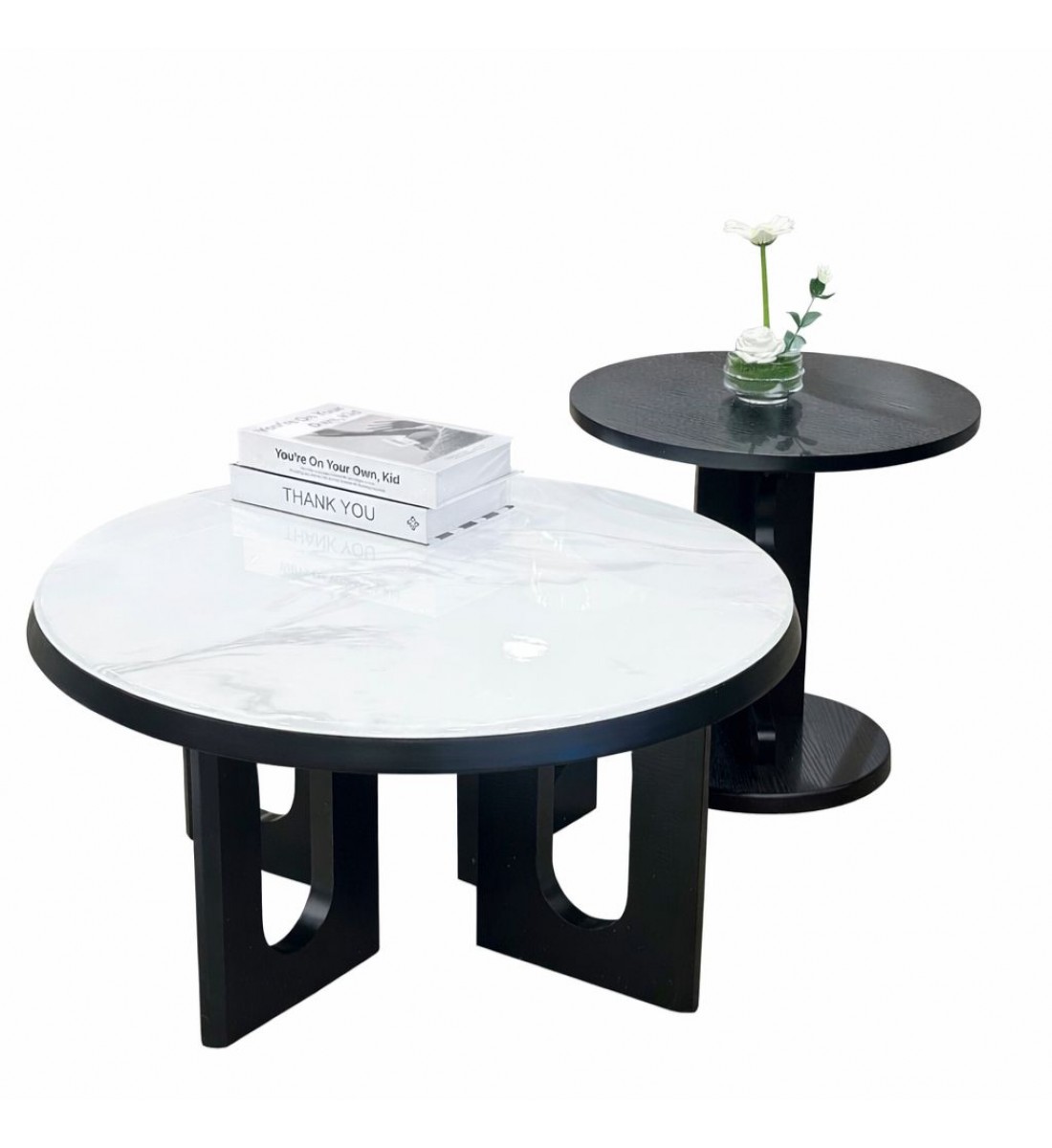 طقم طاولات وسط رخام +خشب  دائري عصري قطعتين