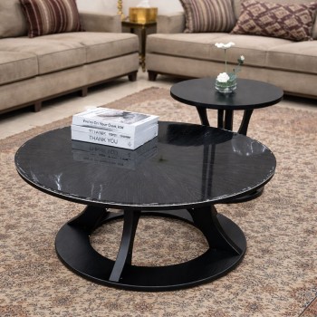 طقم طاولات وسط رخام +خشب  دائري عصري قطعتين