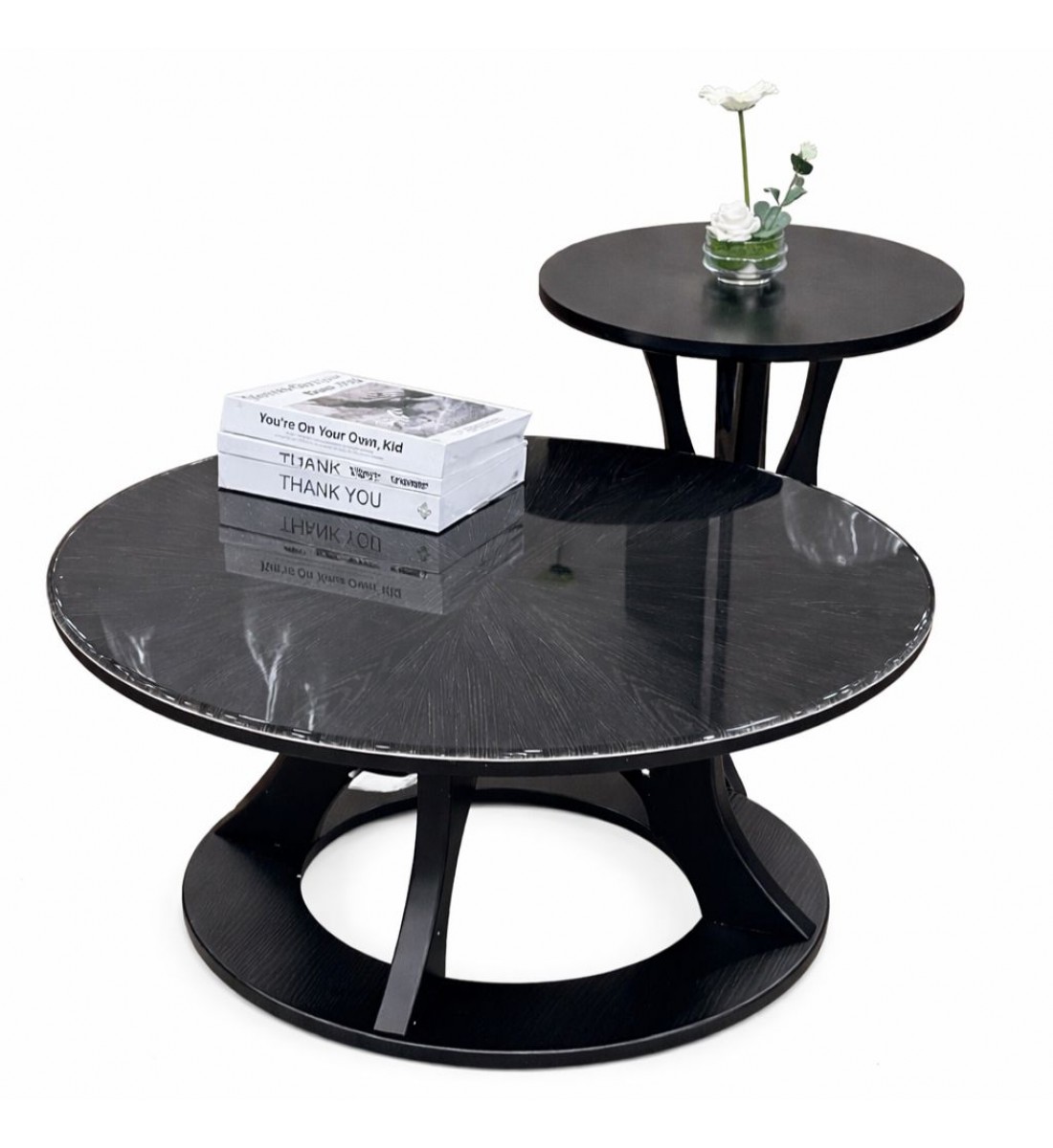 طقم طاولات وسط رخام +خشب  دائري عصري قطعتين