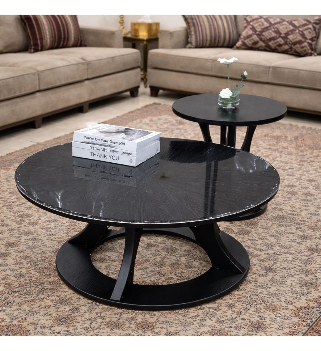 طقم طاولات وسط رخام +خشب  دائري عصري قطعتين