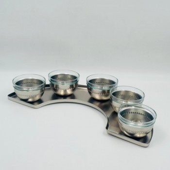 طقم 6 قطع خمس زبديات ستيل بزجاج مع صينية مقوس فضي مطفي 10×10×7سم 