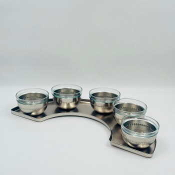 طقم 6 قطع خمس زبديات ستيل بزجاج مع صينية مقوس فضي مطفي 10×10×7سم 