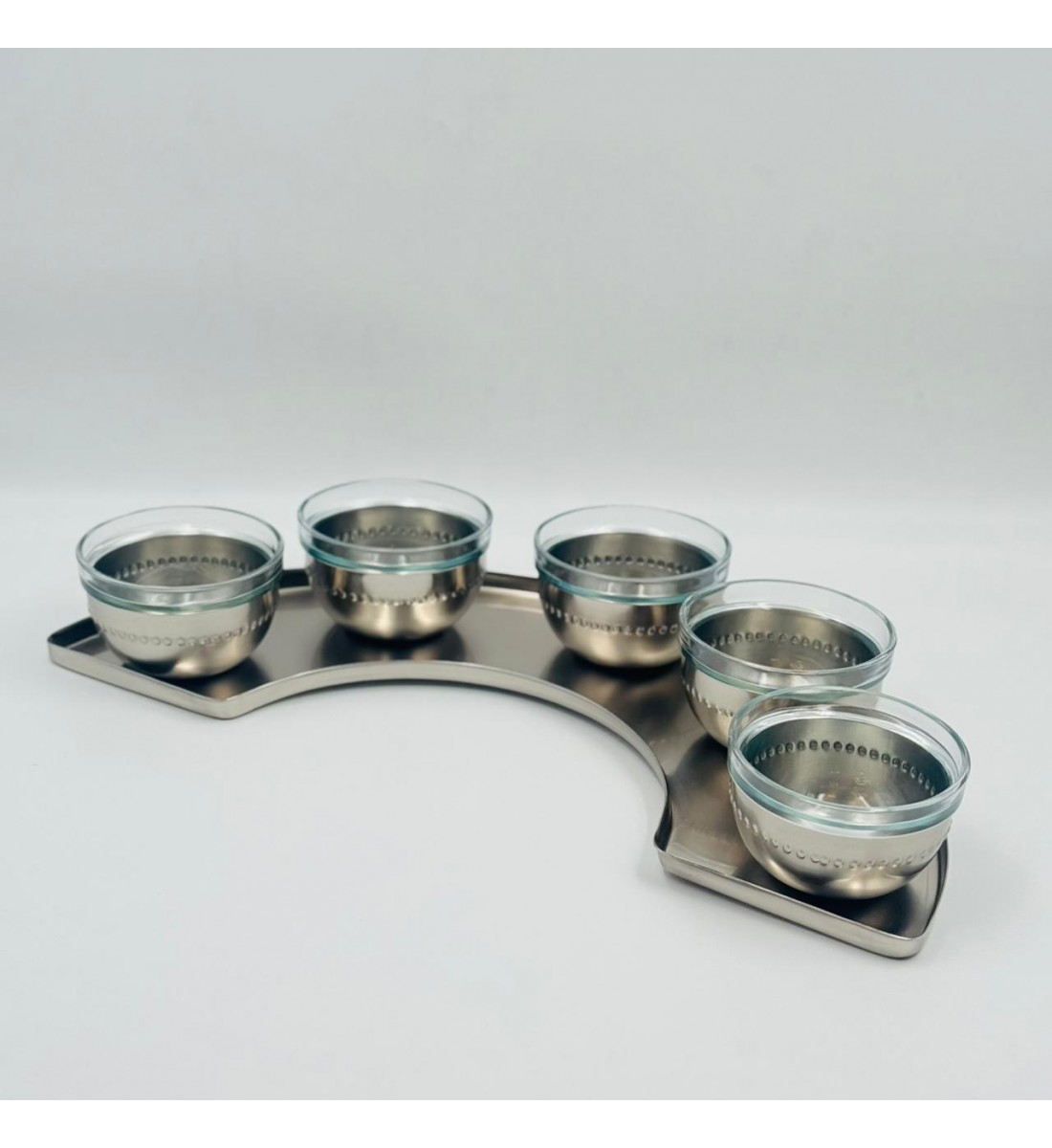 طقم 6 قطع خمس زبديات ستيل بزجاج مع صينية مقوس فضي مطفي 10×10×7سم 