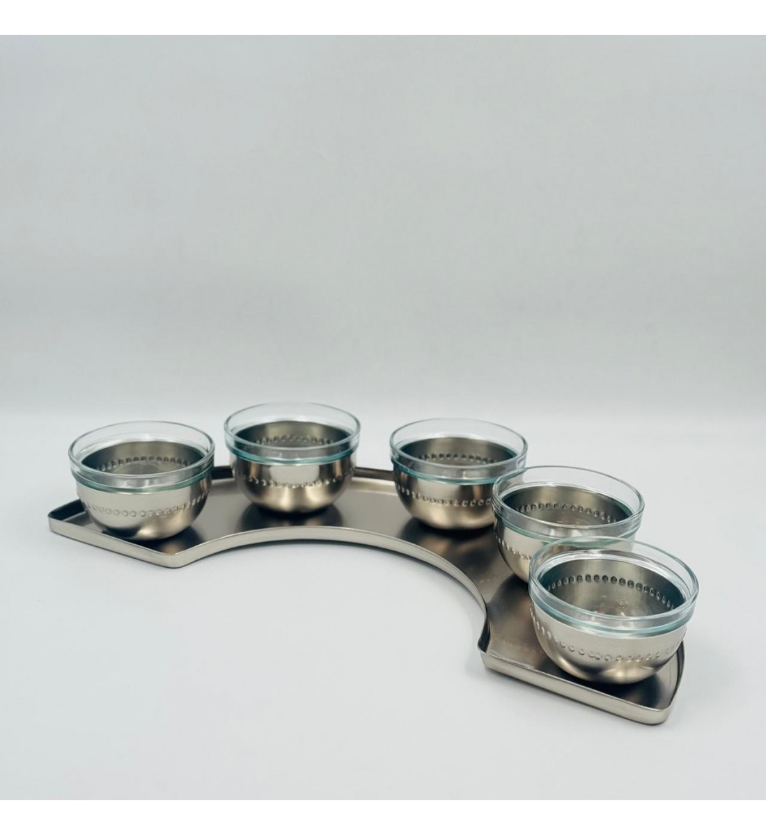 طقم 6 قطع خمس زبديات ستيل بزجاج مع صينية مقوس فضي مطفي 10×10×7سم 