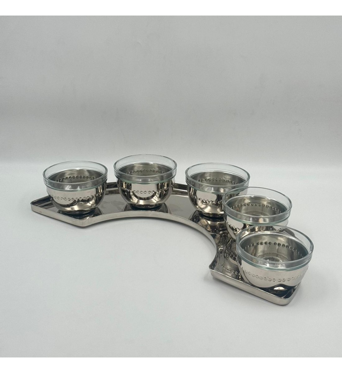 طقم 6 قطع خمس زبديات ستيل بزجاج مع صينية مقوس فضي مطفي 10×10×7سم 