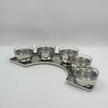 طقم 6 قطع خمس زبديات ستيل بزجاج مع صينية مقوس فضي مطفي 10×10×7سم 