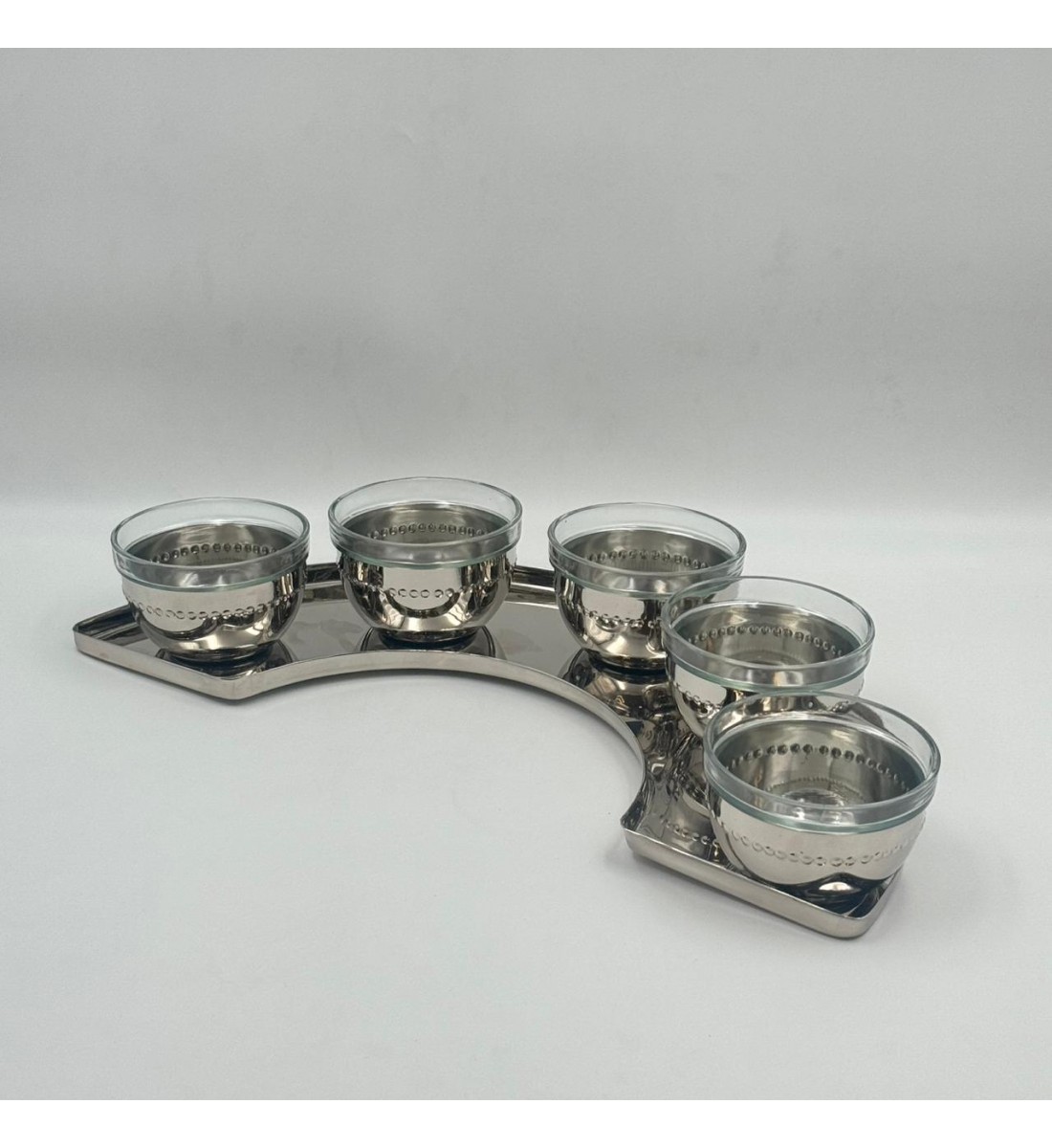 طقم 6 قطع خمس زبديات ستيل بزجاج مع صينية مقوس فضي مطفي 10×10×7سم 