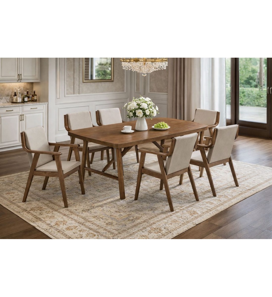 طاولة طعام أنيق يجمع بين الحداثة والفخامة  خشب  ماليزي تصميم عصري مع6 كراسي بني 