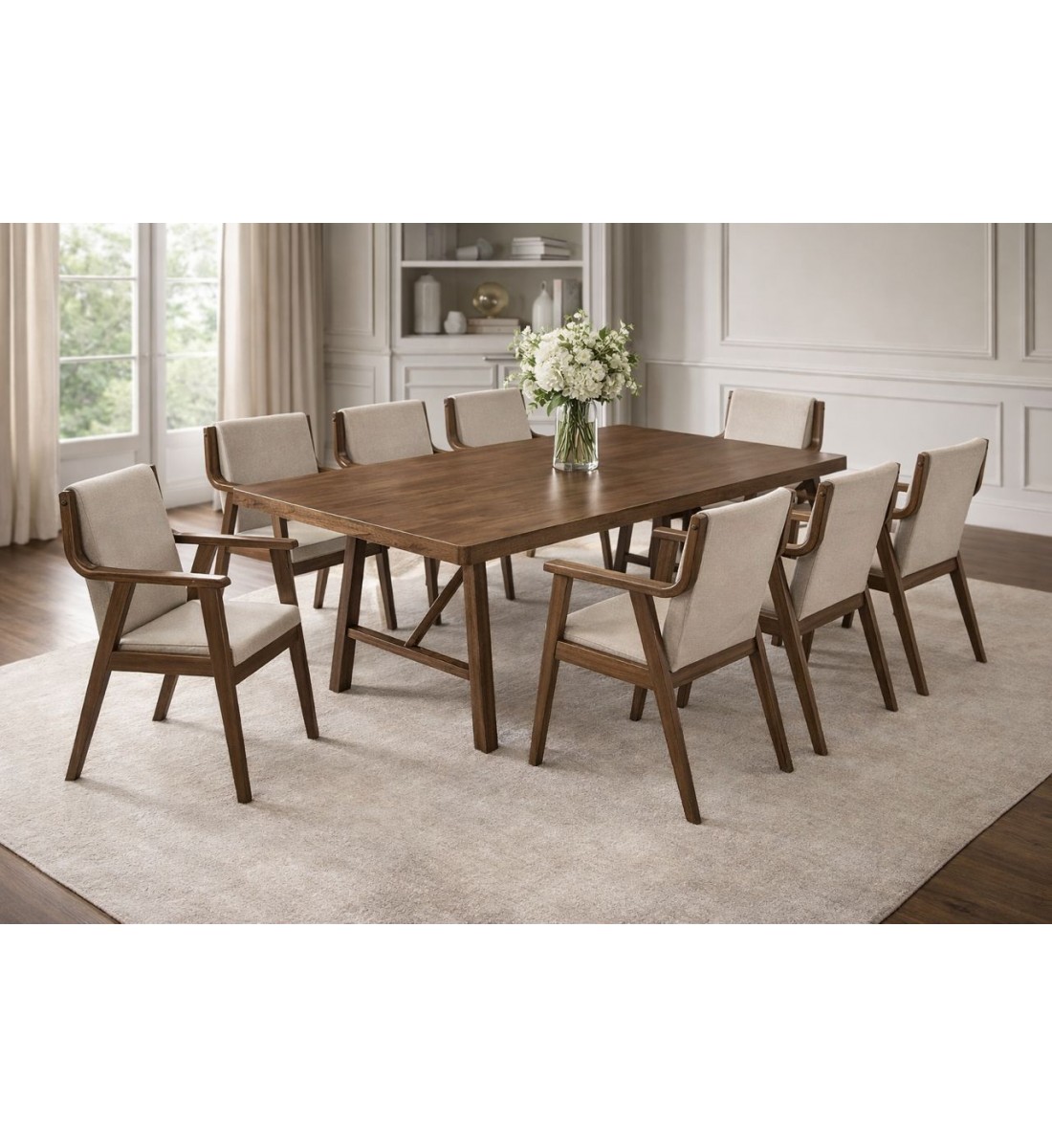 طاولة طعام أنيق يجمع بين الحداثة والفخامة  خشب  ماليزي تصميم عصري مع8كراسي بني 