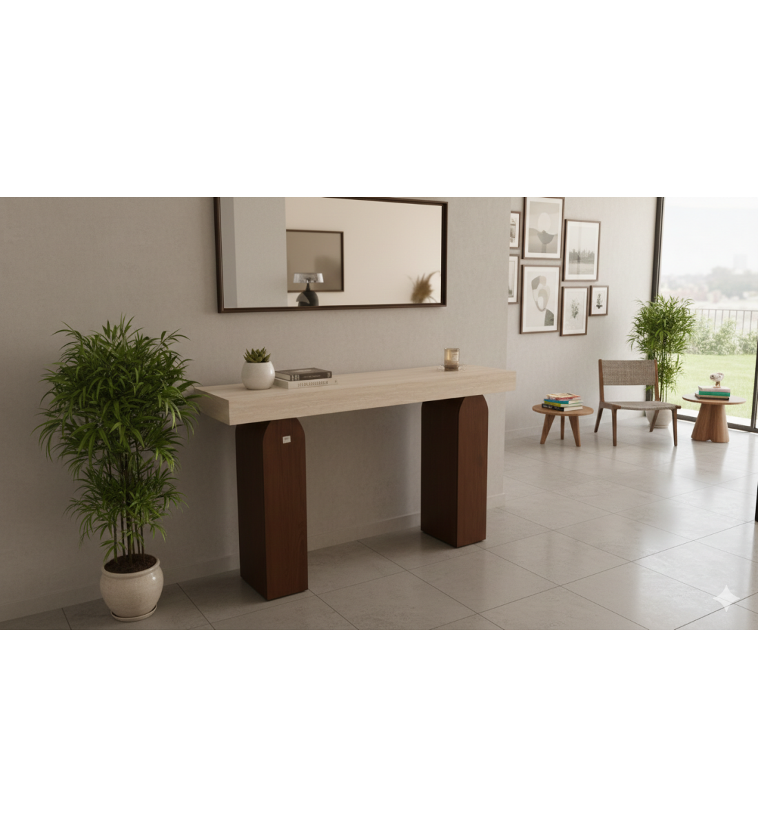  طاولة مدخل خشب بني سطح  بديل الرخام بيج  160×40×90سم 