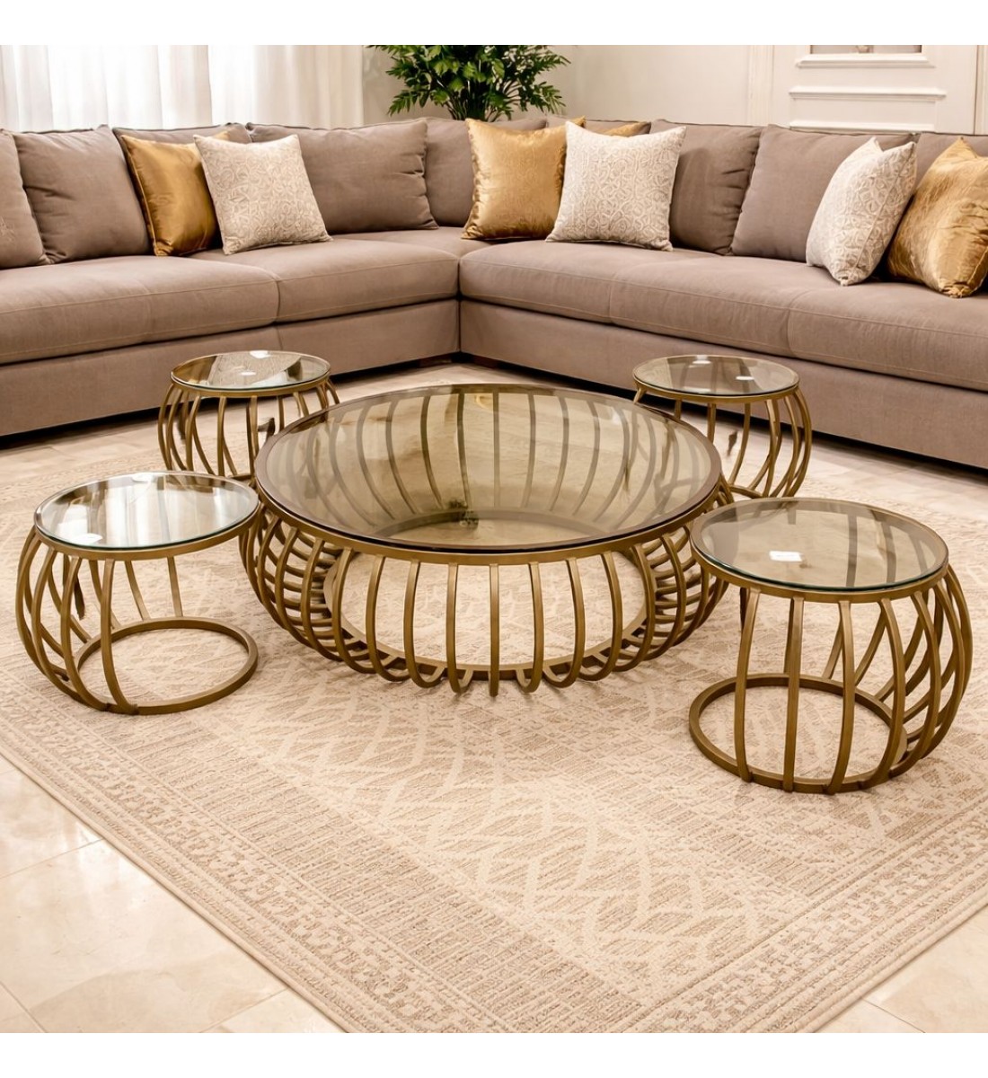 طقم طاولات قهوة جانبية بتصميم عصري أنيق، مصنوع من هيكل معدني ذهبي5قطع 