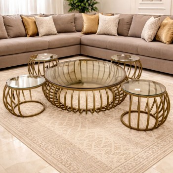 طقم طاولات قهوة جانبية بتصميم عصري أنيق، مصنوع من هيكل معدني ذهبي5قطع 