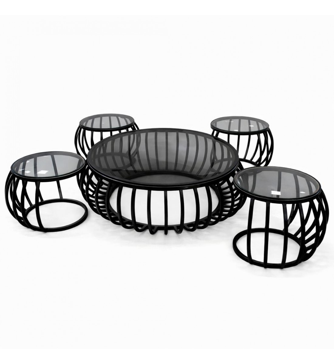 طقم طاولات قهوة جانبية بتصميم عصري أنيق، مصنوع من هيكل معدني اسود 5قطع 