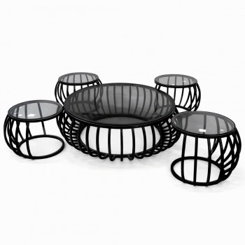 طقم طاولات قهوة جانبية بتصميم عصري أنيق، مصنوع من هيكل معدني اسود 5قطع 