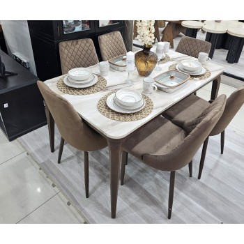 طاولة طعام أنيق يجمع بين الحداثة والفخامة  خشب بديل  الرخام تصميم عصري مع 6كراسي بني 