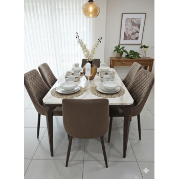 طاولة طعام أنيق يجمع بين الحداثة والفخامة  خشب بديل  الرخام تصميم عصري مع 6كراسي بني 