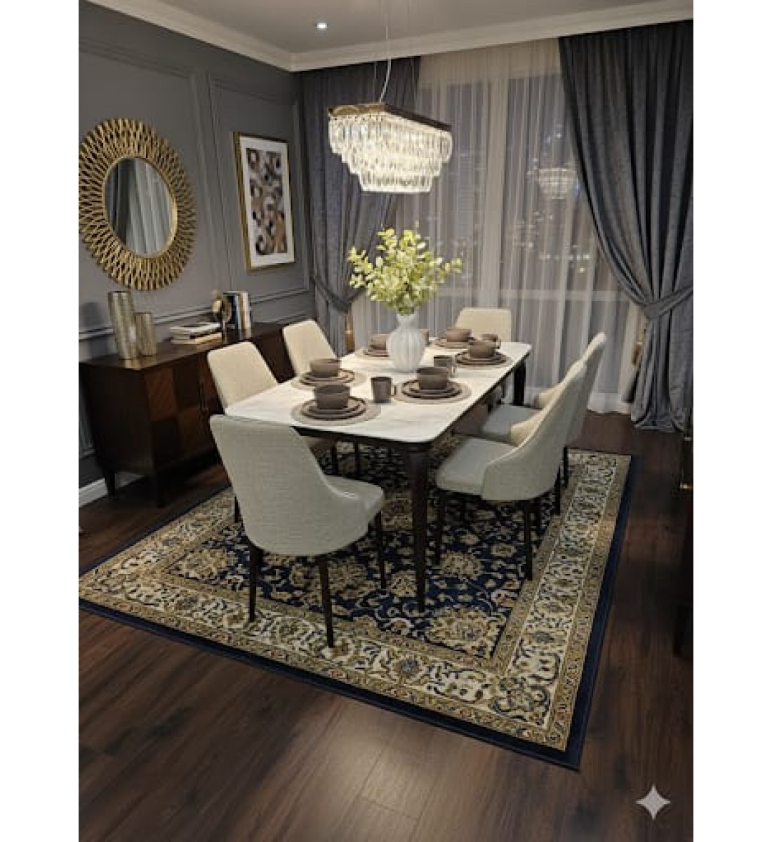 طاولة طعام أنيق يجمع بين الحداثة والفخامة  خشب بديل  الرخام تصميم عصري مع 8 كراسي رمادي 