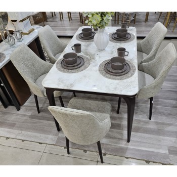 طاولة طعام أنيق يجمع بين الحداثة والفخامة  خشب بديل  الرخام تصميم عصري مع 10 كراسي رمادي 