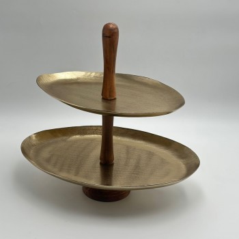 ستاند تقديم من طبقتين للضيافة – ستيل  ذهبي خشبي - ستاند تقديم دورين