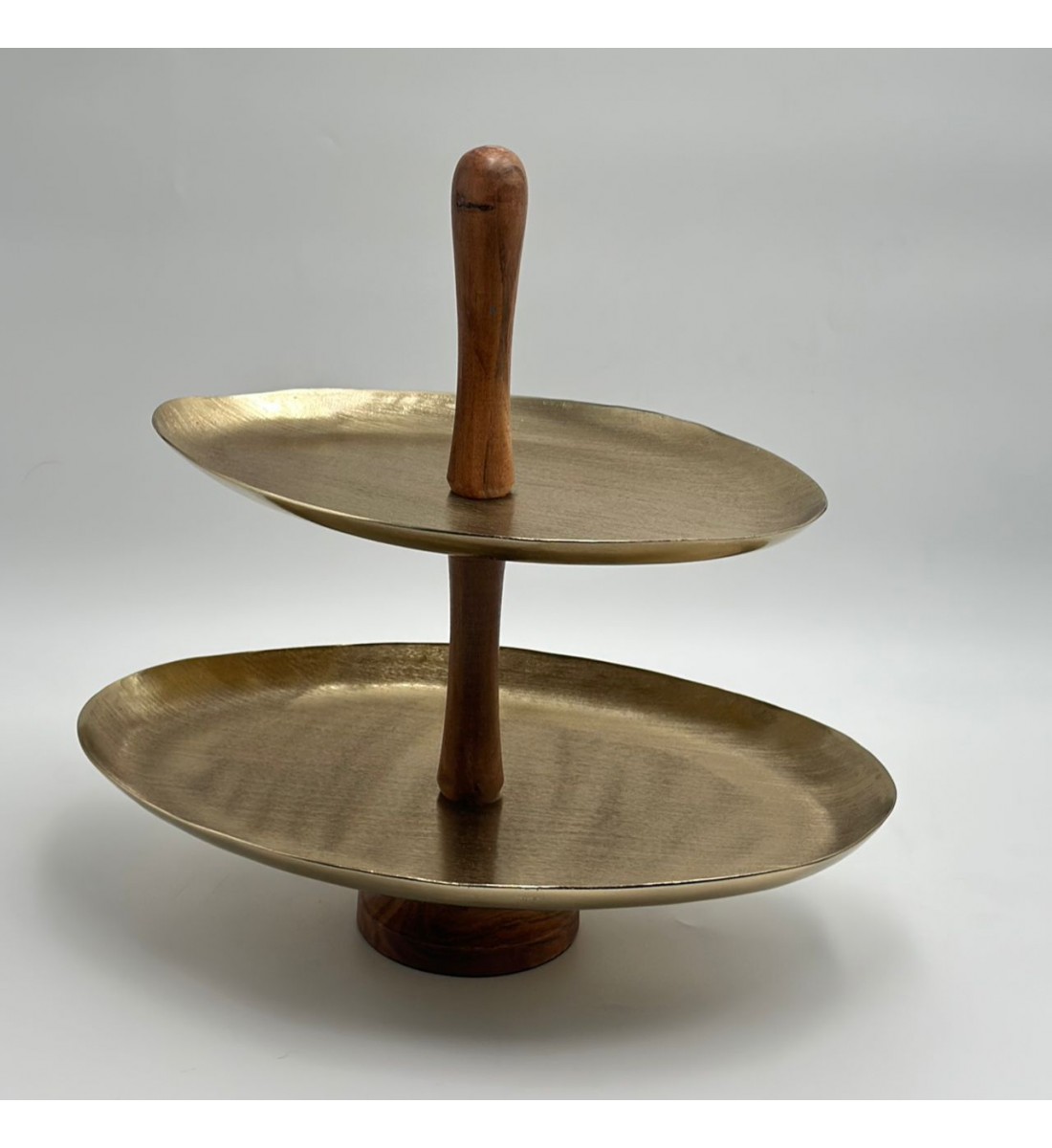 ستاند تقديم من طبقتين للضيافة – ستيل  ذهبي خشبي - ستاند تقديم دورين