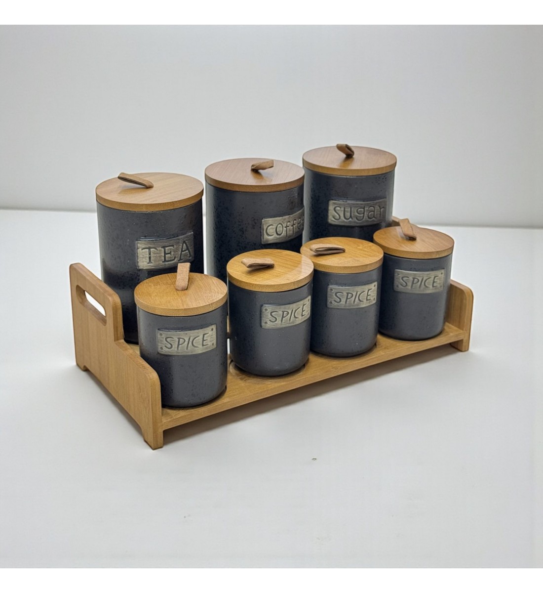 طقم علب تخزين المطبخ مع حامل خشبي – 7 قطع