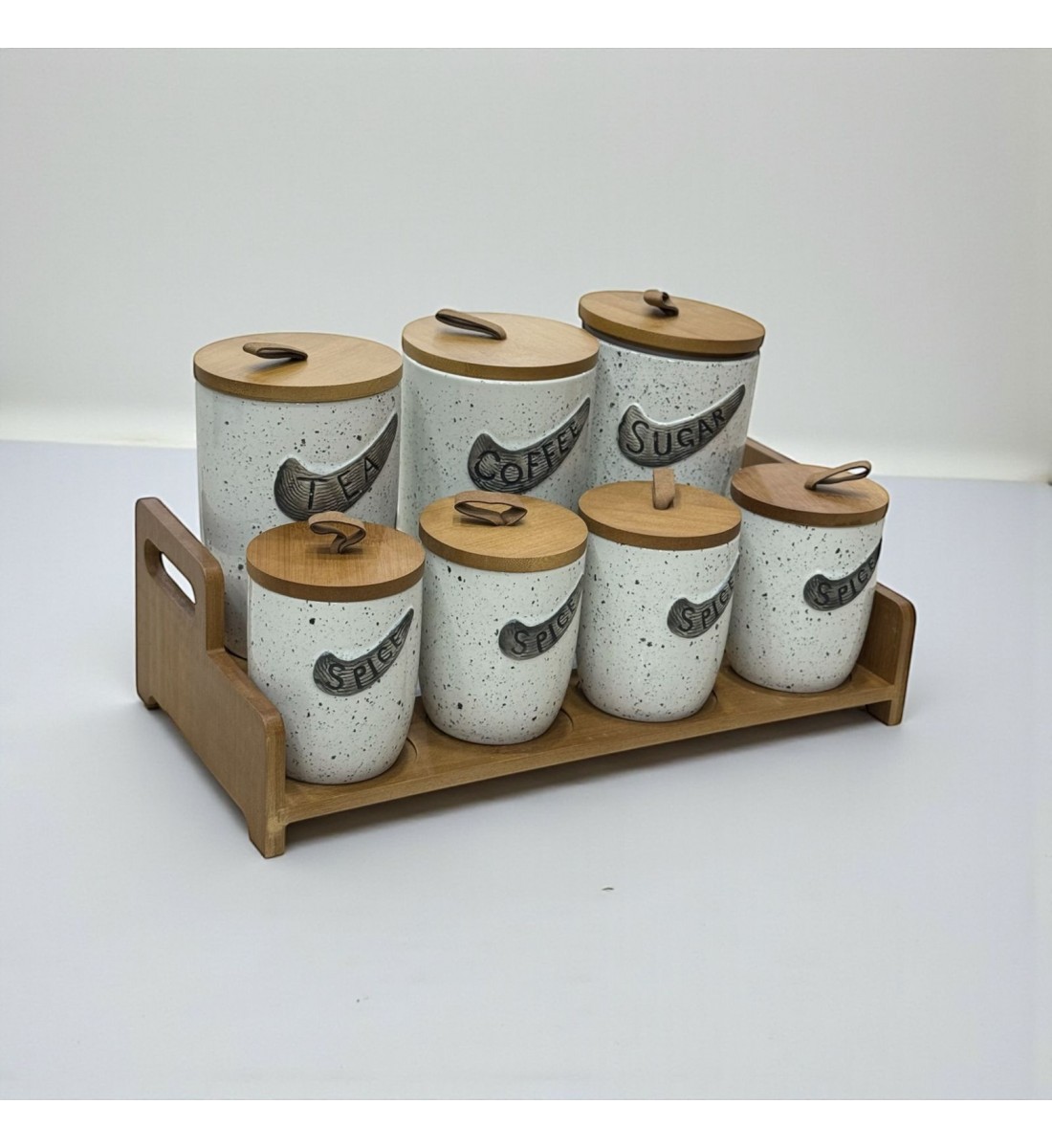طقم علب تخزين المطبخ مع حامل خشبي – 7 قطع طقم علب تخزين المطبخ مع حامل خشبي – 7 قطع