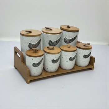 طقم علب تخزين المطبخ مع حامل خشبي – 7 قطع